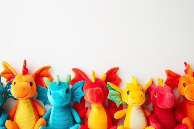 Des jouets en peluche de dragons colorés sur un fond blanc propre