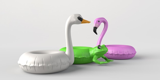 Jouets de plage gonflables Flamingo cygne et grenouille flotteurs Illustration 3D de l'espace de copie