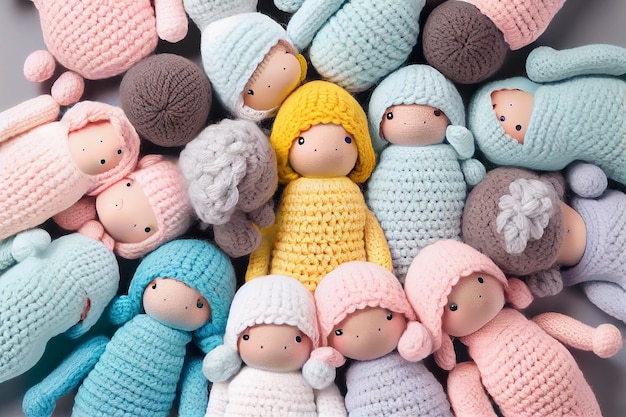 Des jouets de poupées au crochet colorés dans une pile