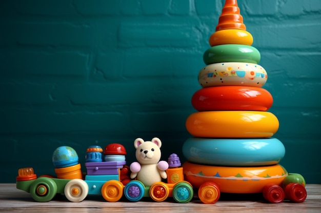 Des jouets pour bébés créent une scène capricieuse sur une toile neutre