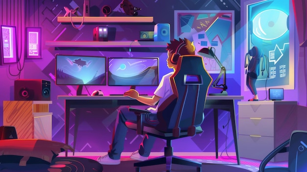 Joueur assis à son bureau avec un moniteur et des panneaux au néon à proximité Cartoon moderne de l'intérieur de la pièce avec une configuration de jeu et de streaming