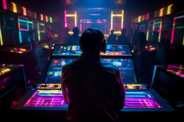 Joueur audio de DJ mélangeant de la musique électronique dans une fête de boîte de nuit Créé avec la technologie d'IA générative