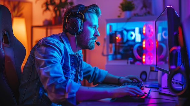 Un joueur barbu qui joue à des jeux vidéo sur son ordinateur. Il porte des écouteurs et regarde l'écran avec attention.