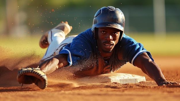 Photo un joueur de baseball en action glissant dans une base une scène dynamique d'un match de baseball