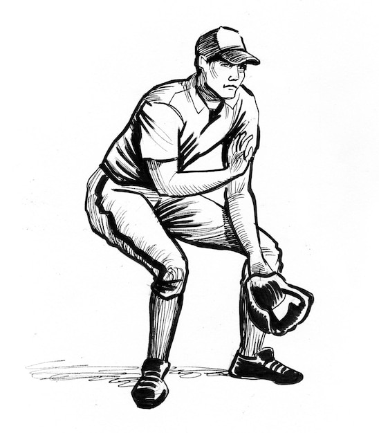 Joueur de baseball. Dessin noir et blanc à l'encre