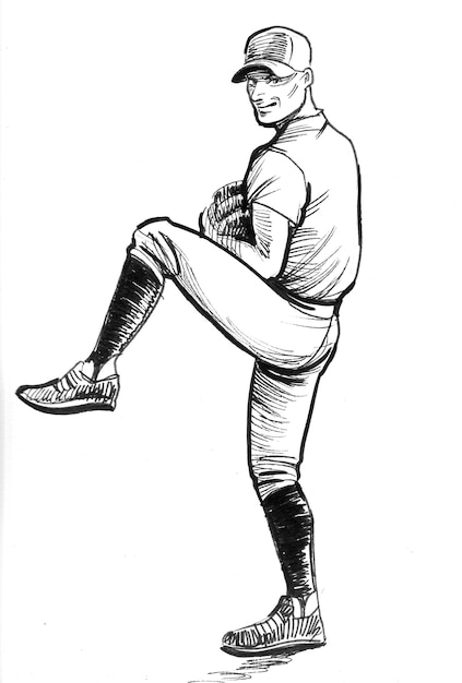 Joueur de baseball lançant une balle. Dessin noir et blanc à l'encre