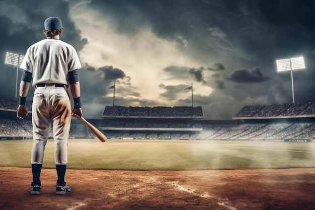 Un joueur de baseball se tient devant un ciel nuageux.