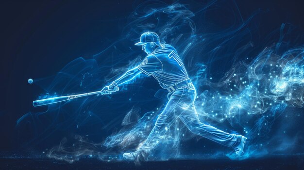 Un joueur de baseball en uniforme bleu balance la batte avec toutes ses forces prêt à frapper la balle entrante peinture de lumière croquis 4K haute résolution AI générative