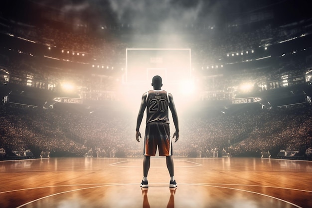 Joueur de basket-ball debout sur le terrain devant un panneau qui dit joueur de basket-bol # 7