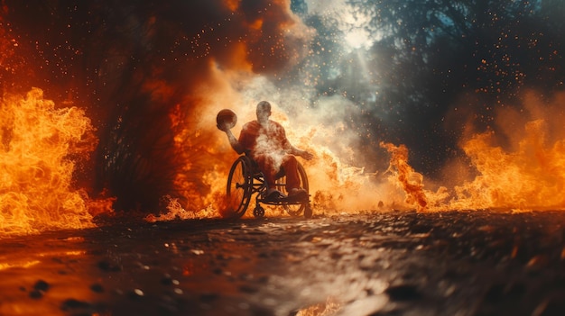 Un joueur de basket-ball en fauteuil roulant au milieu d'explosions enflammées