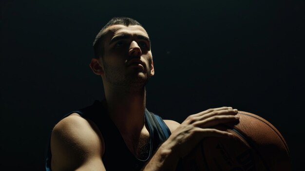 Un joueur de basket-ball intense se concentrant sur le jeu dans un cadre sombre et dramatique tenant le ballon avec détermination