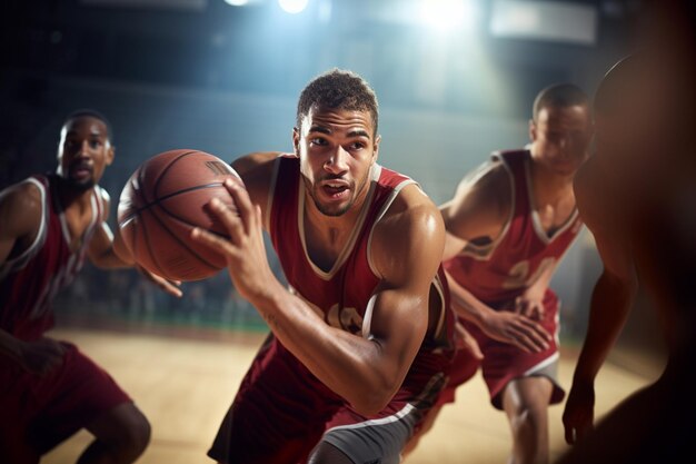 Photo joueur de basket-ball masculin jouant au basket-ball dans un terrain de basket-ball intérieur bondé sur un fond de style bokeh