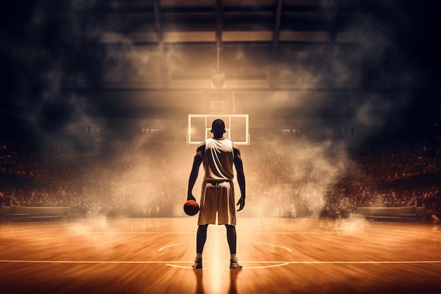 Un joueur de basket-ball se tient sur le terrain et tient un ballon de basket.