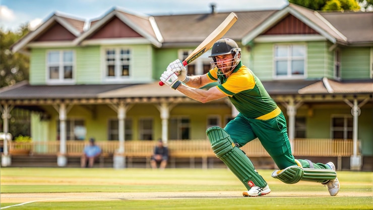 Photo un joueur de cricket portant un uniforme vert et jaune joue au cricket