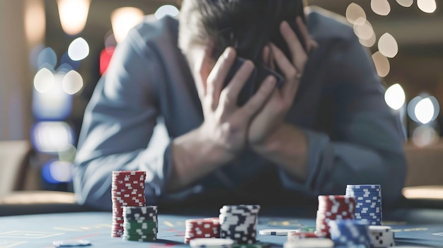Un joueur déçu couvre les yeux à la table de poker