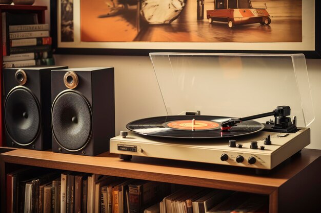 Joueur de disques sur table en bois