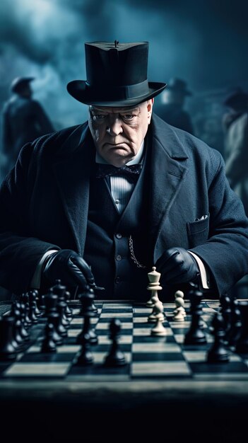 Photo un joueur d'échecs avec une veste noire et un chapeau joue aux échecs