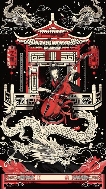 Joueur d'erhu chinois se produisant dans un temple avec un motif de dragon Bannière Design de carte postale Collage Art Ink