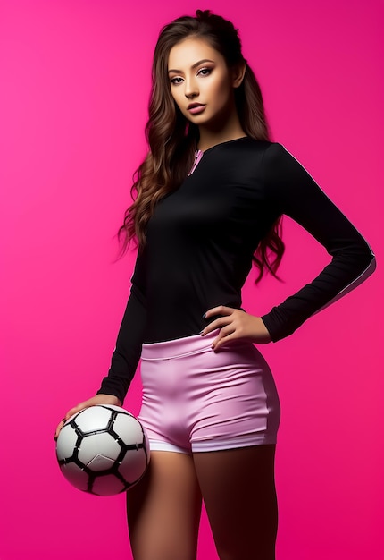 Joueur de fille athlétique de football de football dans des vêtements de sport, prise de vue en studio en forme de corps chaud