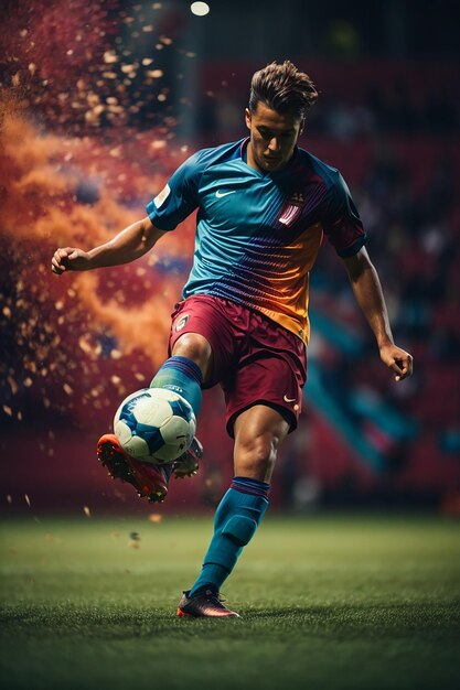 Joueur de football abstrait qui donne un coup de pied au ballon joueur de football coloré