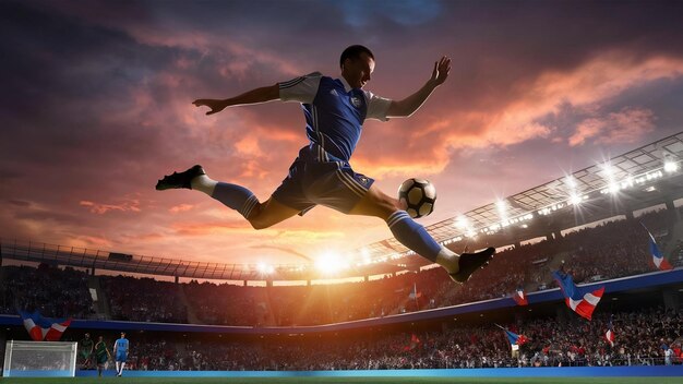 Joueur de football en action sur le fond du stade au coucher du soleil