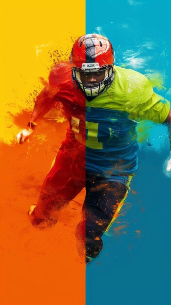 Photo joueur de football américain en action sur le terrain avec un arrière-plan coloré