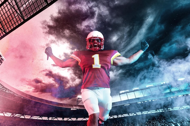 Joueur de football américain célébrant la victoire sur le stade Modèle pour un magazine sportif sur le thème du football américain avec espace de copie Mockup pour la publicité des paris