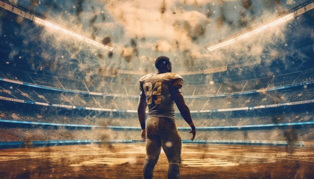 Joueur de football américain debout sur le grand stade moderne