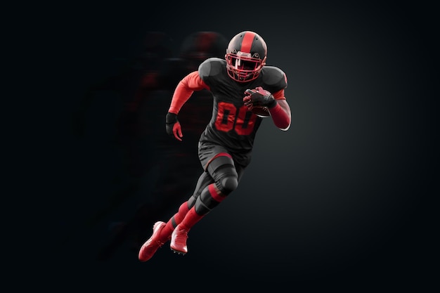 Joueur de football américain en uniforme rouge et noir en pose de course sur fond noir Modèle d'affiche publicitaire de football américain Illustration 3D de sport vierge Rendu 3D