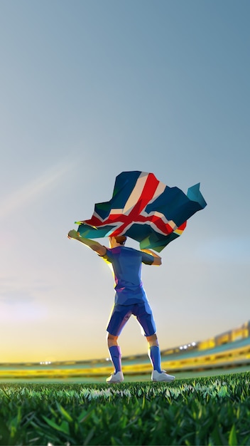 Le joueur de football après le championnat de jeu gagnant tient le drapeau d'Islandia. style de polygone