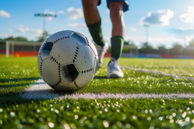 Joueur de football avec une balle en action Joueur de soccer donne un coup de pied à la balle AI générative