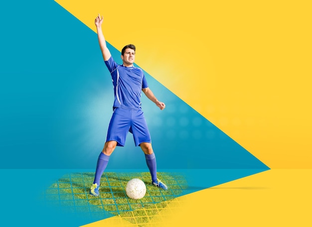 Joueur de football avec le ballon debout contre un fond coloré