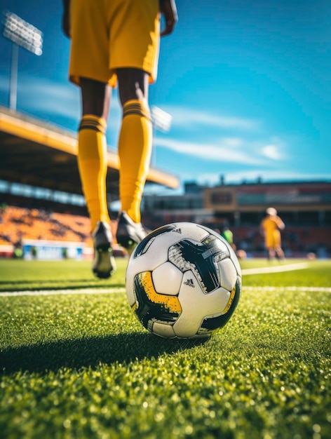 Joueur de football avec un ballon sur l'herbe du terrain