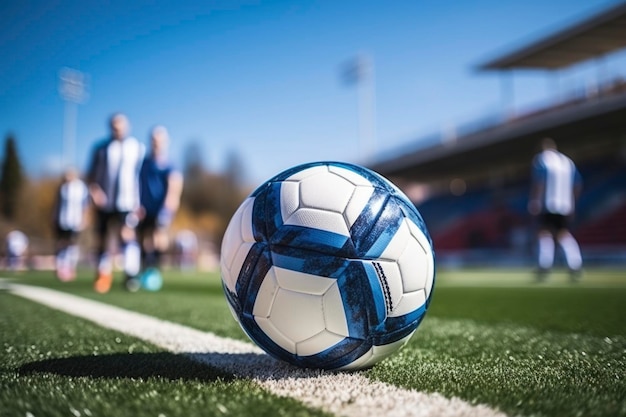 Joueur de football avec un ballon sur l'herbe du terrain