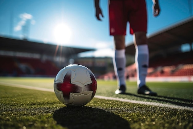 Joueur de football avec un ballon sur l'herbe du terrain