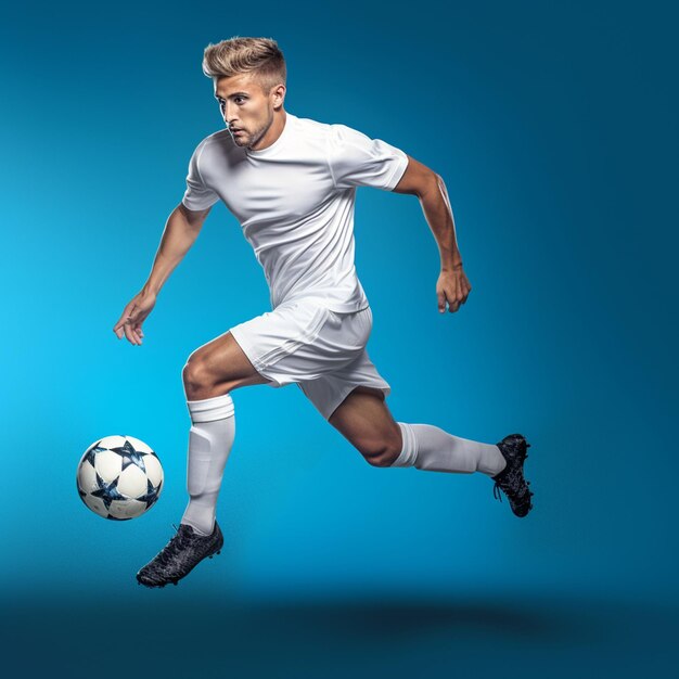 un joueur de football avec une chemise blanche et le mot soccer sur le devant