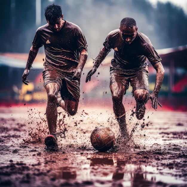 Un joueur de football couvert de boue, un footballeur dévoué sur un terrain difficile.