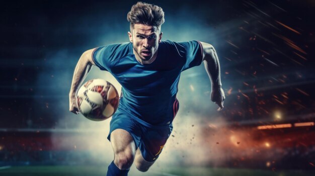 Un joueur de football dans une poursuite du ballon à grande vitesse avec des expressions révélant une concentration et une passion pures