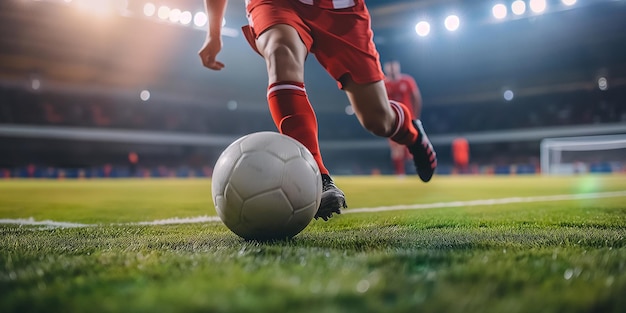 Un joueur de football dynamique en rouge en action sur un terrain de football luxuriant