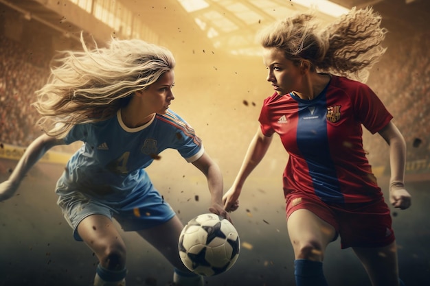 Joueur de football femme sur le terrain et jouer au football