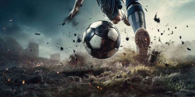 Un joueur de football frappe le ballon dans un terrain de football
