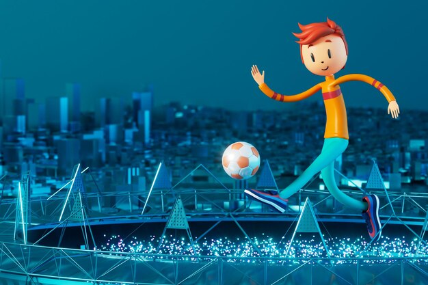 Joueur de football de personnage de garçon 3D dans l'action de football 3d illustration fond de sport