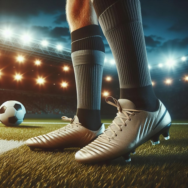 Photo un joueur de football a les pieds prêts pour l'action sur le terrain avec un ballon et des lumières du stade en arrière-plan