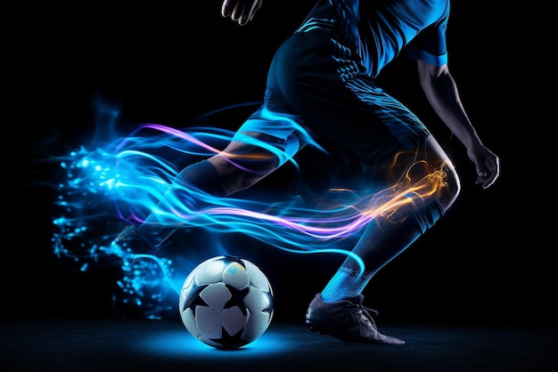 Joueur de football qui donne un coup de pied au ballon sur un fond sombre avec un effet de feu