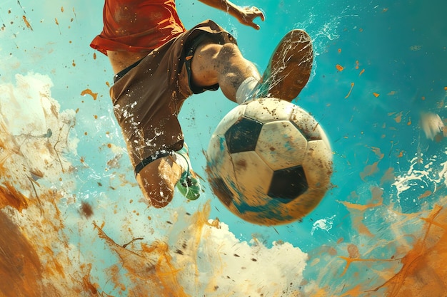 Photo un joueur de football qui donne un coup de pied à un ballon de football.