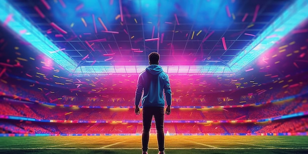 Joueur de football de rendu 3D debout dans le stade de football futur rêve d'être un footballeur IA générative