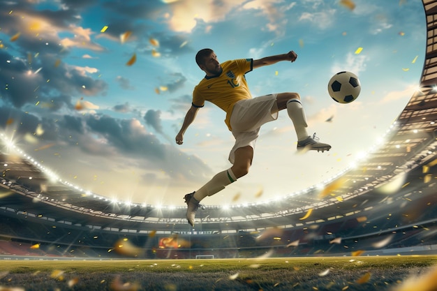 Un joueur de football saute en l'air avec un ballon de football