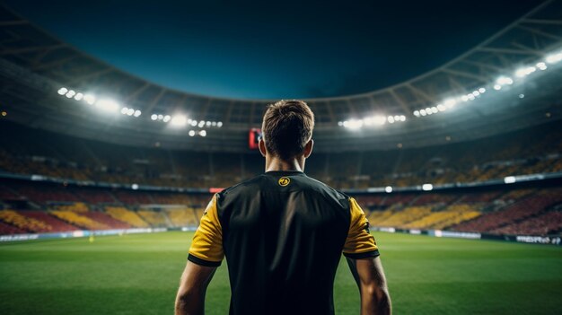 Un joueur de football se tient derrière le ballon à la recherche d'un but avec un numéro affiché de l'arrière du stade avec un vecteur d'illustration de projecteur