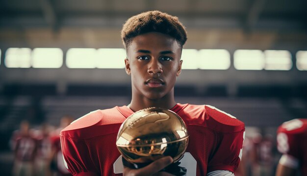 Photo joueur de football tenant un trophée sur une plate-forme