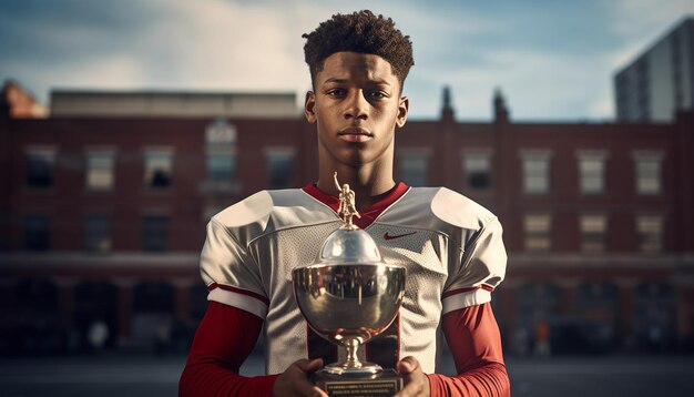 Joueur de football tenant un trophée sur une plate-forme